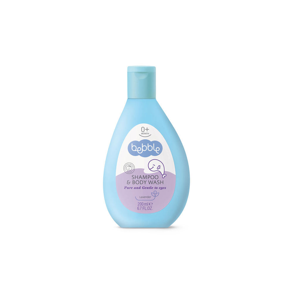 Bebble Shampoo & Body Wash Lavender 400ml – Gentle, tear-free baby wash with soothing lavender, D-Panthenol, and Vitamin E.