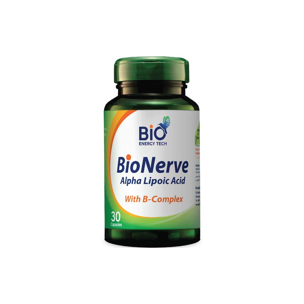 A bottle of BioNerve Alpha Lipoic Acid with B-Complex, 30 capsules, labeled for energy metabolism and nerve function.