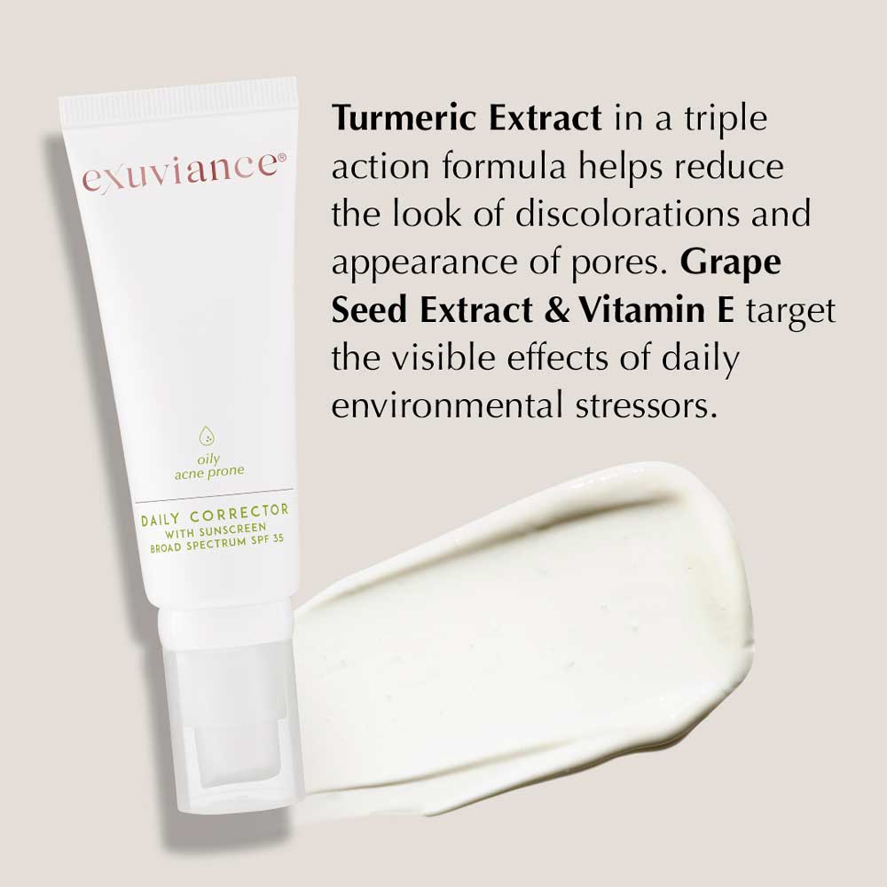 Exuviance Daily Corrector SPF 35, a non-acnegenic moisturizer that reduces discoloration and boosts radiance.
