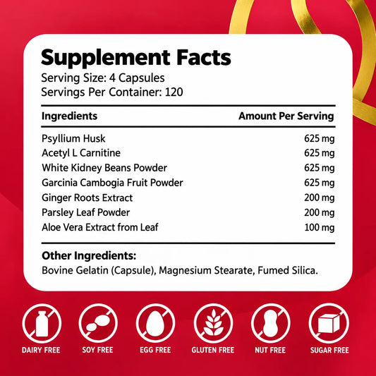G Harmony supplement facts showing psyllium husk, acetyl L-carnitine, white kidney bean, garcinia cambogia and herbal extracts.