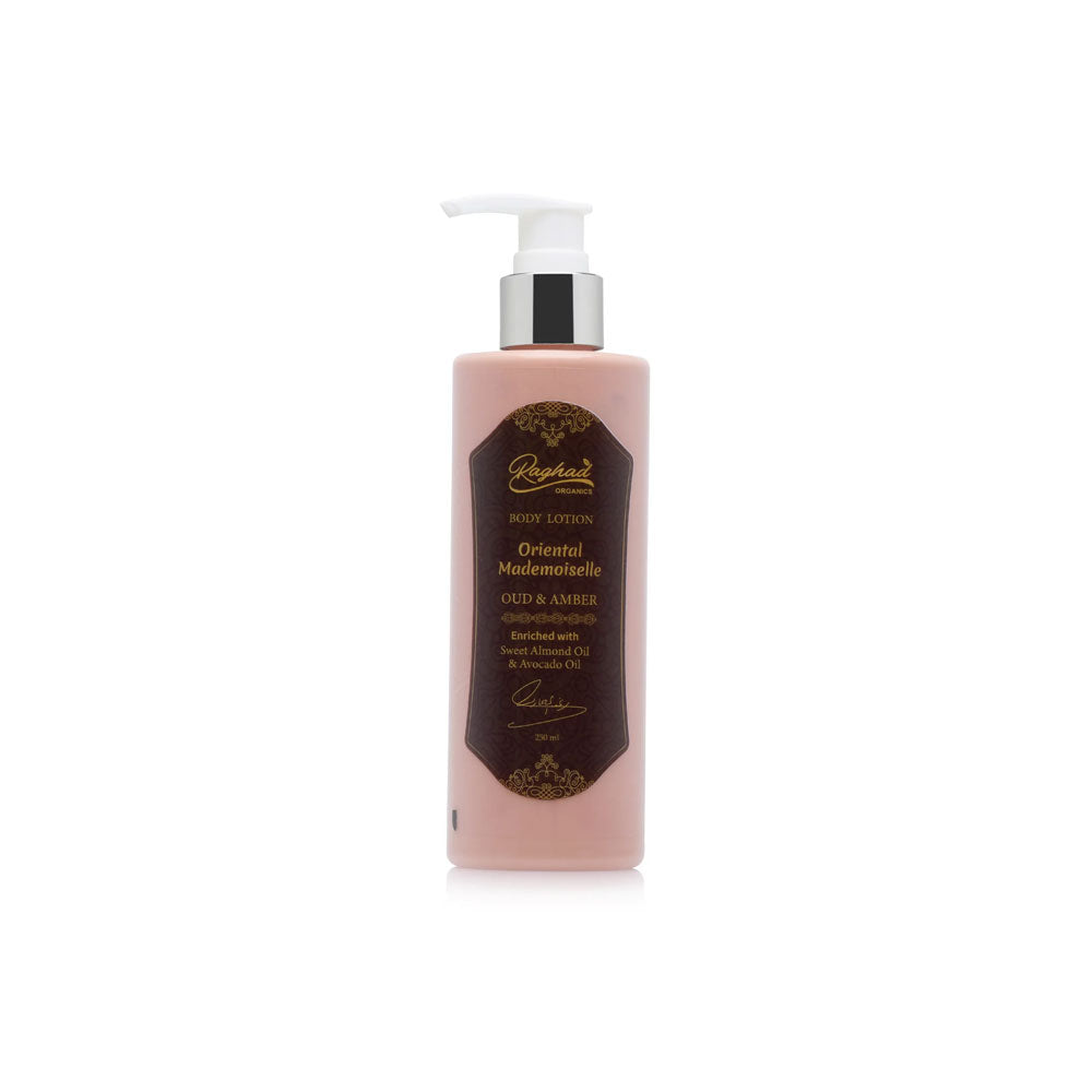 Hydrating Oriental Mademoiselle Body Lotion with a luxurious oud and amber scent, leaving skin soft, smooth, and refreshed.