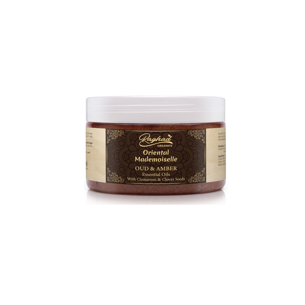 Raghad Organics Oriental Mademoiselle Body Scrub in a sleek container, designed for deep exfoliation and hydration.