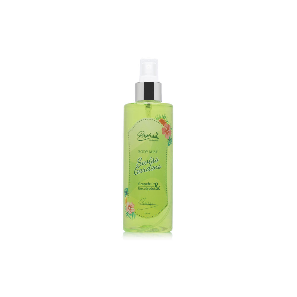 A bottle of Raghad Organics Swiss Gardens Body Splash, a light and refreshing fragrance designed for all-day confidence and a long-lasting scent.