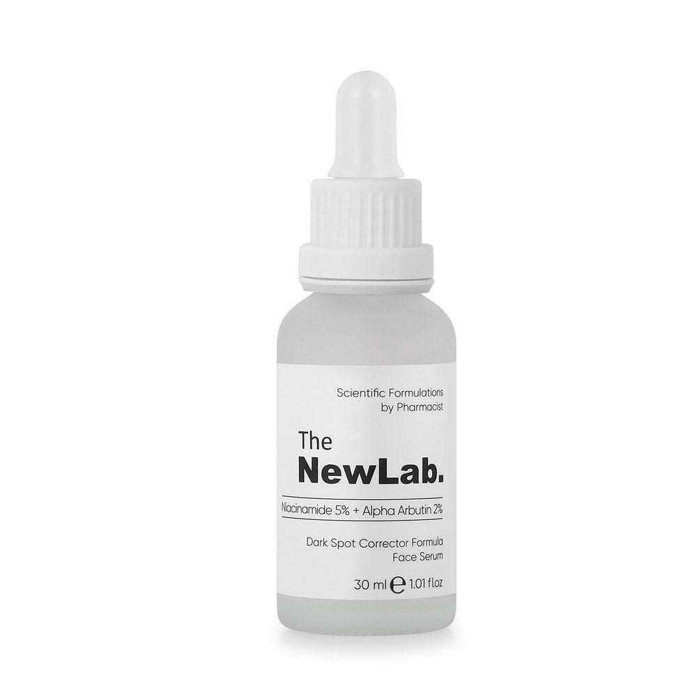 The NewLab Niacinamide 5% + Alpha Arbutin 2% Face Serum, brightens skin, targets dark spots, and evens out skin tone. 30ml bottle.