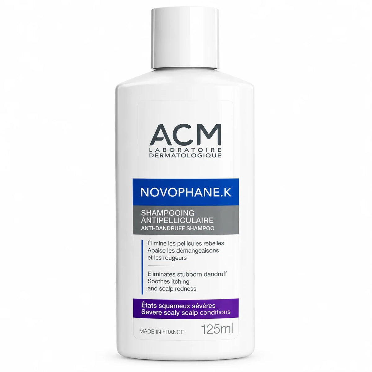 ACM Novophane K Shampoo 125ml intensive anti-dandruff shampoo for severe dandruff, stubborn scalp flakes, itching and redness.