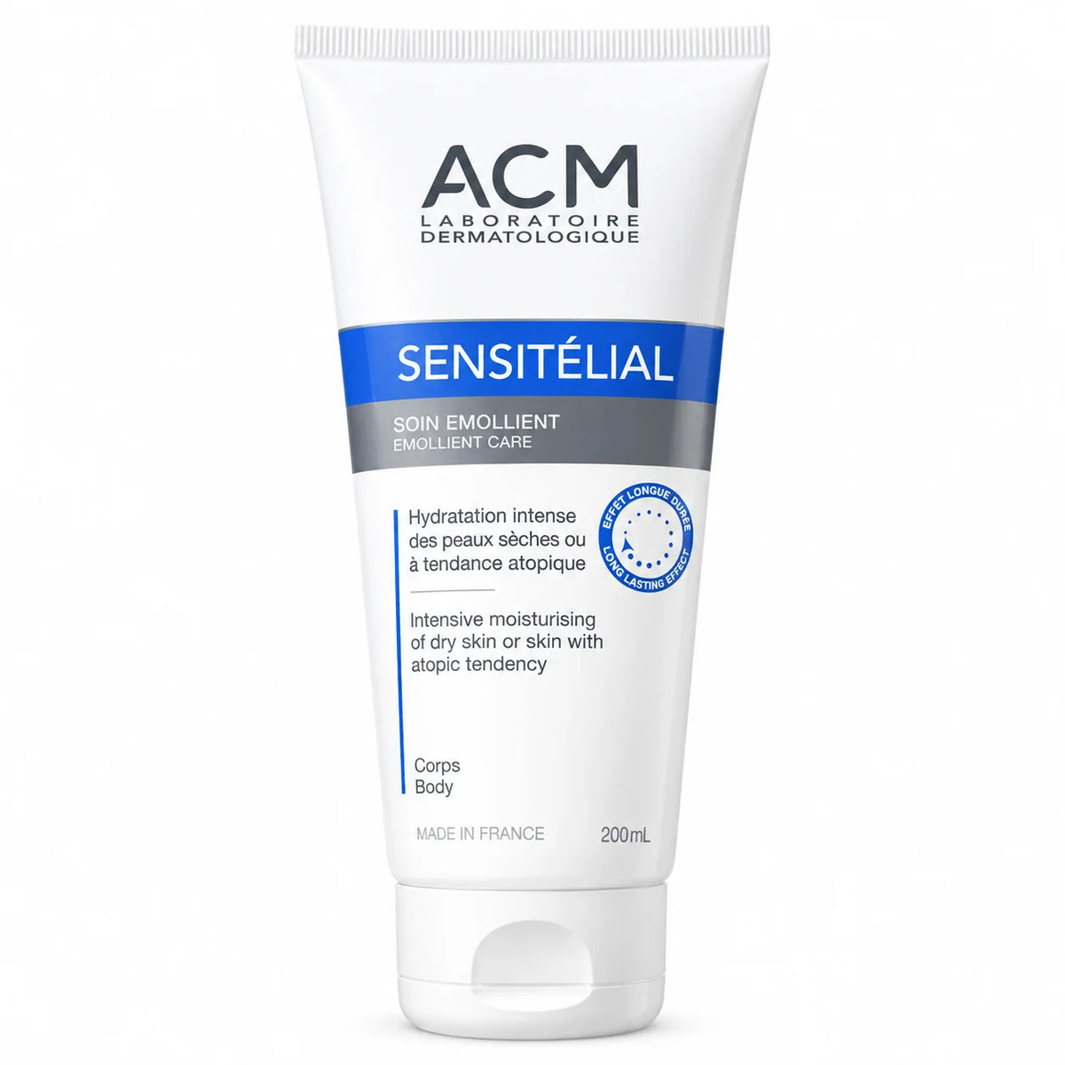 ACM Sensitelial Emollient Care 200ml intensive moisturizing body cream for very dry, sensitive and atopy-prone skin, made in France.