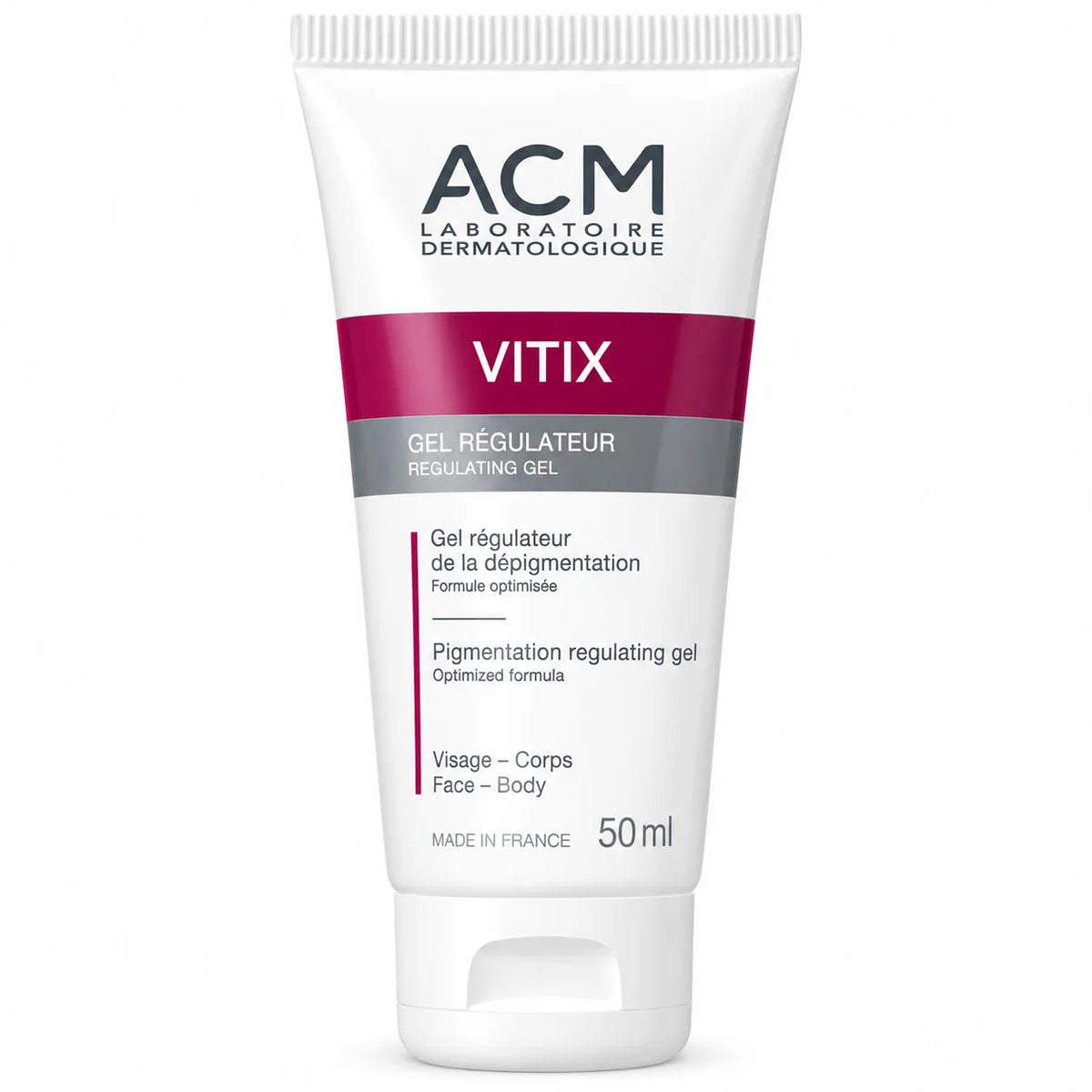 ACM Vitix Regulating Gel 50ml for vitiligo-prone and depigmented skin, antioxidant pigmentation support for face and body.