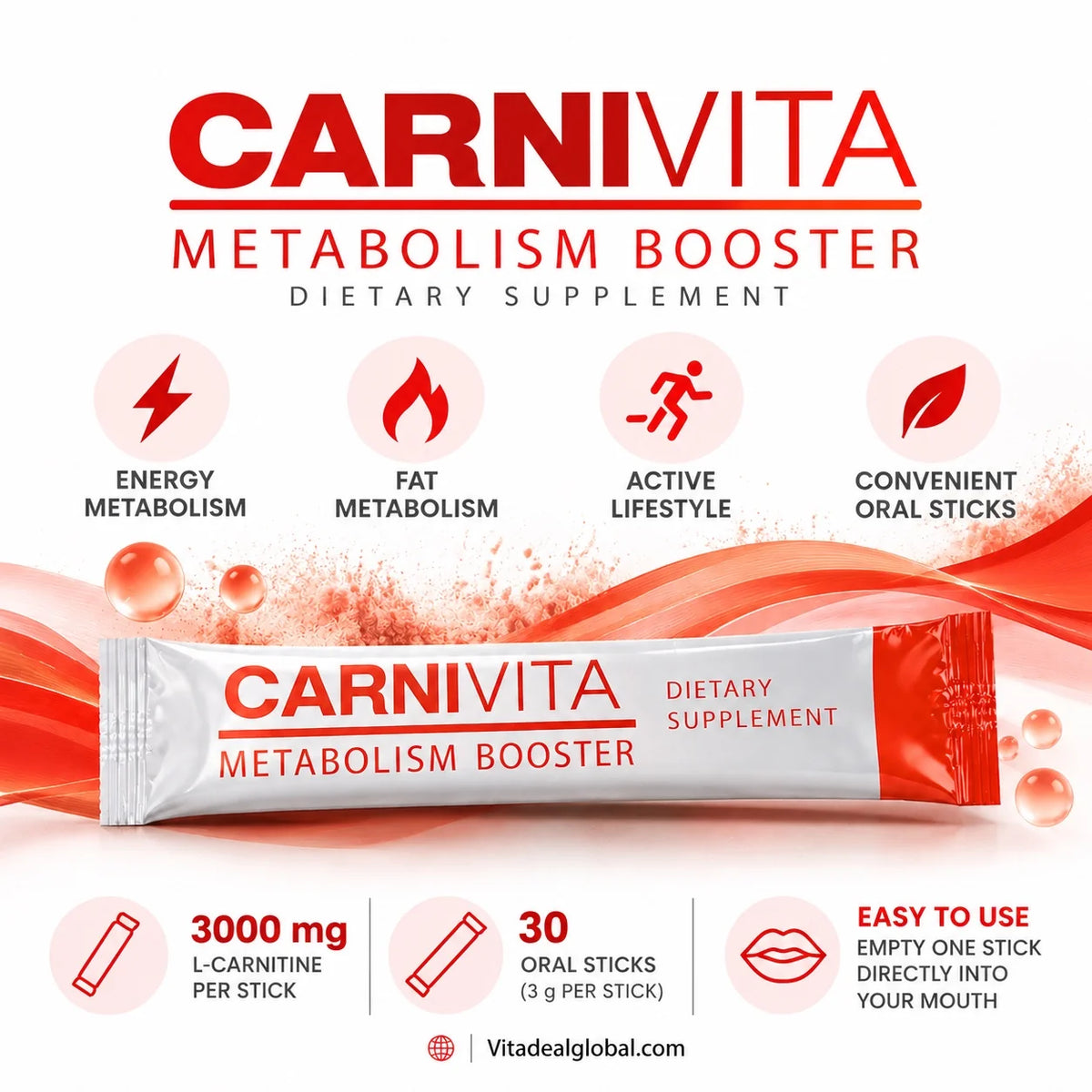 Carnivita L-Carnitine 3000 mg Metabolism Booster infographic showing benefits, 30 oral sticks, and directions for use.