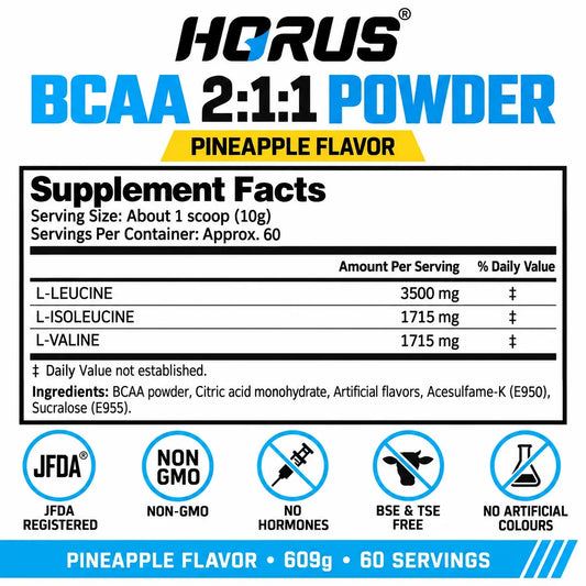 HORUS BCAA 2:1:1 pineapple powder supplement facts, 609 g, 60 servings