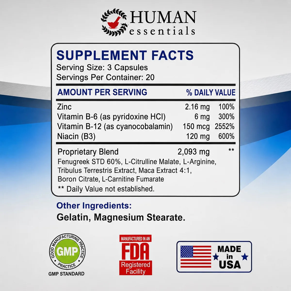 Human Essentials Intimix Advance supplement facts label showing L-Arginine, L-Citrulline, Fenugreek, Tribulus, Maca, Zinc and B Vitamins