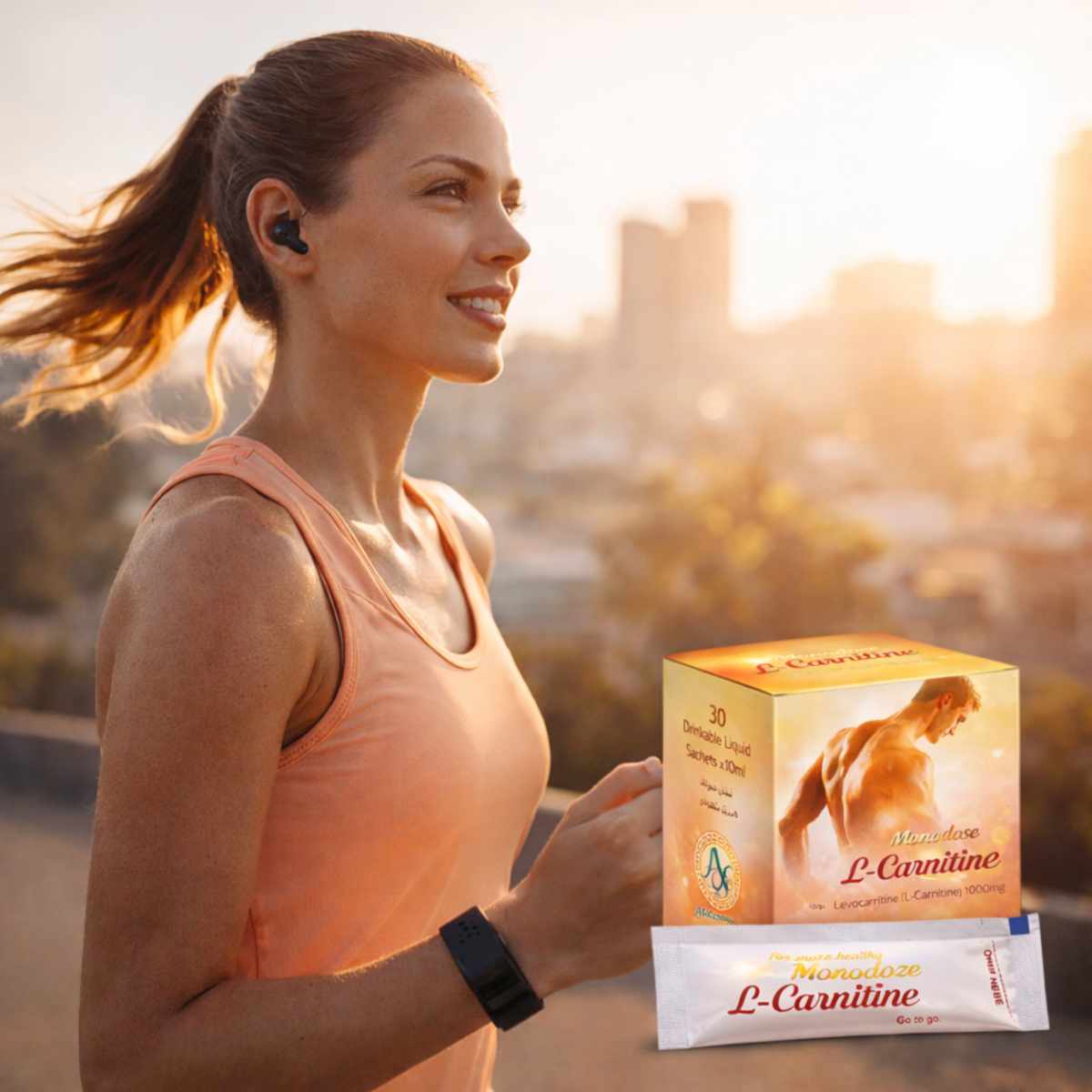 Monodose L-Carnitine 1000 mg supplement active lifestyle woman running energy support