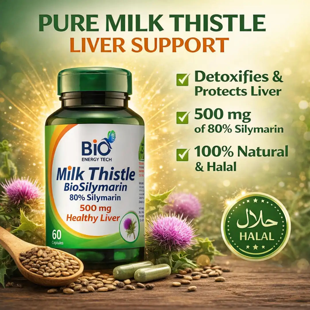 Milk Thistle 500 mg capsules liver support supplement detoxifies protects liver 80% silymarin halal Bio Energy Tech