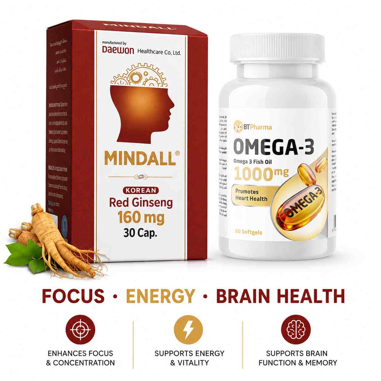 Mindall Korean Red Ginseng & Omega-3 Focus and Brain Health Bundle