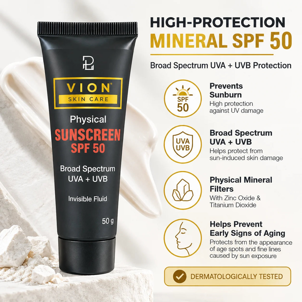 VION Physical Sunscreen SPF 50 Invisible Fluid with Zinc Oxide and Titanium Dioxide for Broad Spectrum UVA UVB Protection