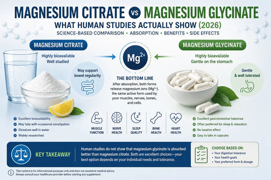 Magnesium citrate vs magnesium glycinate comparison based on human studies showing absorption, bioavailability, elemental magnesium, and digestive tolerance.