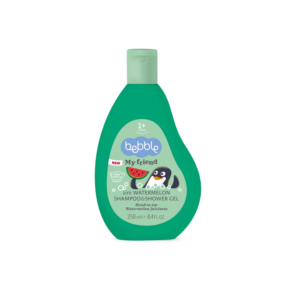2in1 Watermelon Shampoo & Shower Gel for kids, gently cleanses hair and skin with a fruity watermelon scent for sensitive skin.