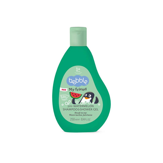 2in1 Watermelon Shampoo & Shower Gel for kids, gently cleanses hair and skin with a fruity watermelon scent for sensitive skin.