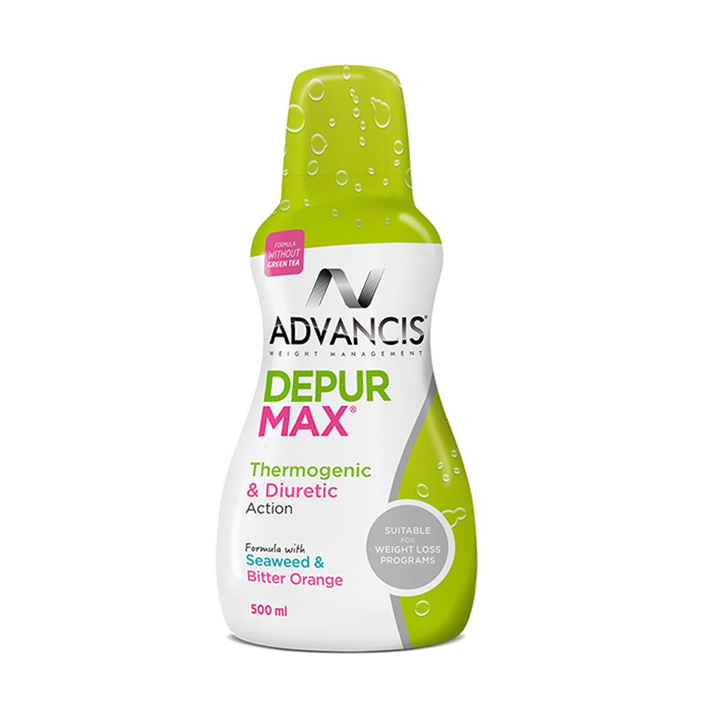 A green bottle of Advancis Depur Max, a diuretic and thermogenic supplement in a 500 ml container.