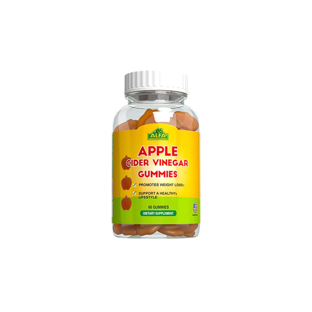 A bottle of Alfa Apple Cider Vinegar Gummies with a label showing the product name and a picture of apples. The bottle is clear, revealing the gummies inside.