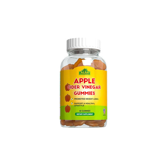 A bottle of Alfa Apple Cider Vinegar Gummies with a label showing the product name and a picture of apples. The bottle is clear, revealing the gummies inside.