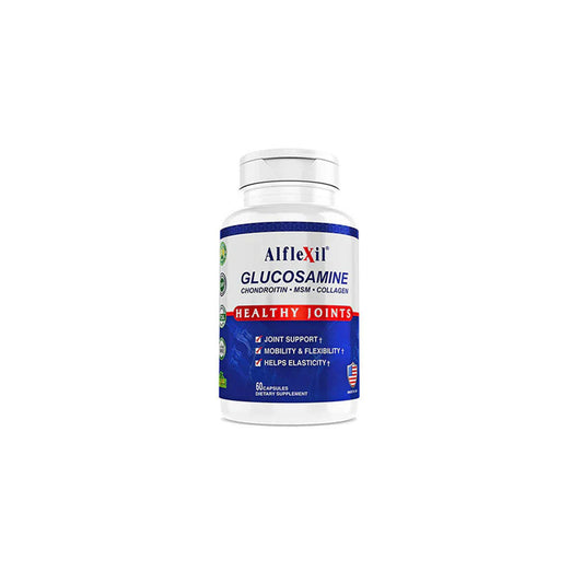 A bottle of Alflexil Glucosamine Healthy Joint supplement with 60 capsules, highlighting key ingredients such as glucosamine, chondroitin, collagen, and MSM.