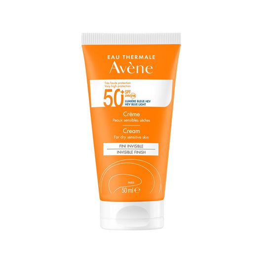 Avene Cream SPF 50+ in an orange tube with a white cap, labeled for dry skin, with 50ml capacity.