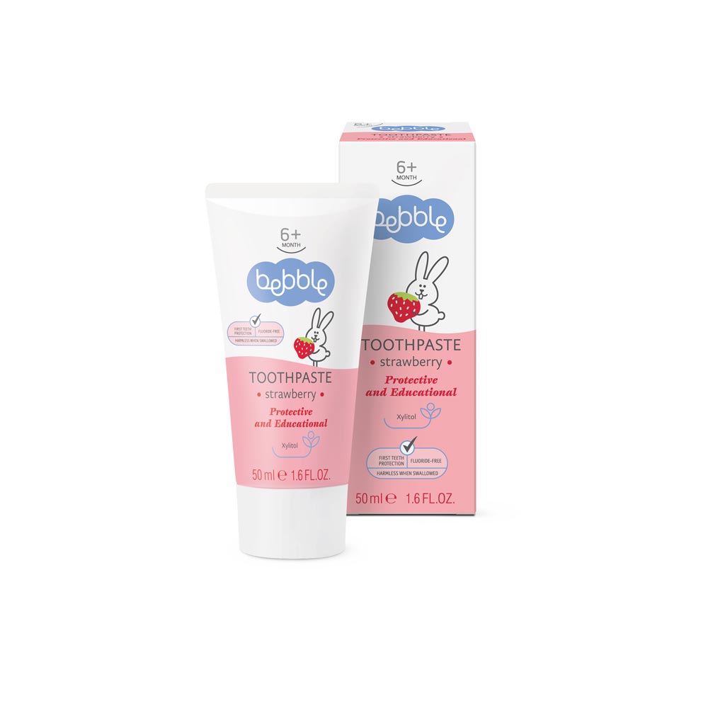 Bebble Toothpaste Strawberry 50ml – Fluoride-free baby toothpaste with xylitol for gentle cleaning and enamel protection.