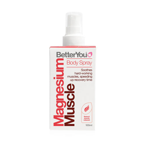 BetterYou Magnesium Muscle Body Spray 100ml – fast-absorbing formula with magnesium, arnica, and lemon oil for post-workout recovery.
