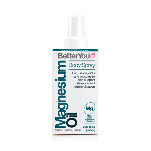 Close-up of BetterYou Magnesium Oil Body Spray with refreshing spray for muscle recovery and relaxation.