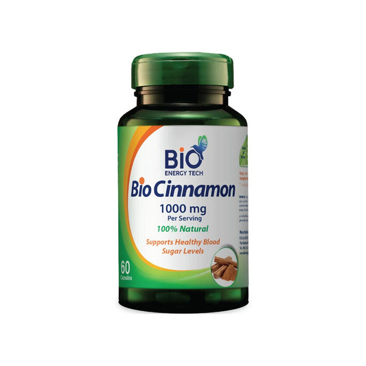 A bottle of Bio Cinnamon dietary supplement by Energy Tech, containing 1000 mg per serving in 60 capsules.