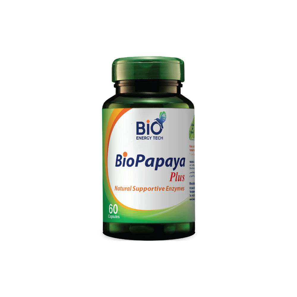 BioPapaya Plus supplement bottle with natural enzyme blend for digestion and pregnancy support.