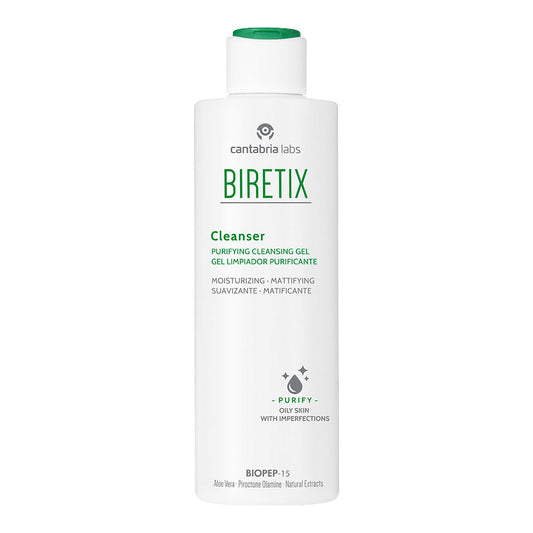 Biretix Purifying Cleansing Gel, a hydrating and mattifying cleanser for acne-prone skin.