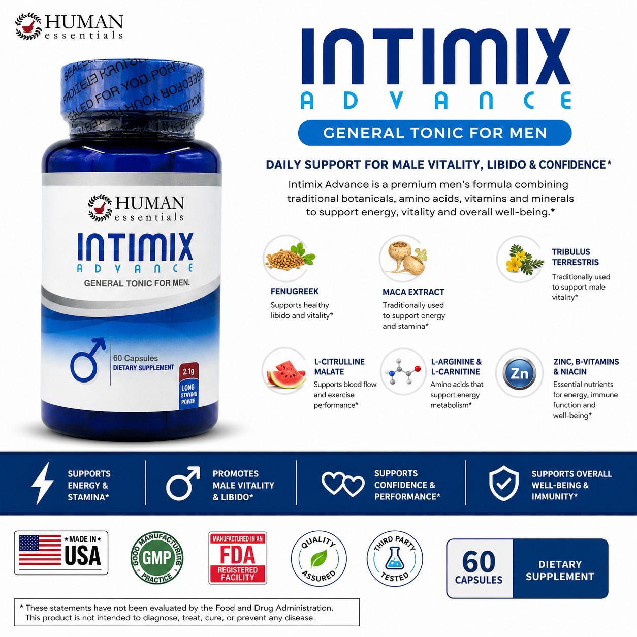 Human Essentials Intimix Advance supplement facts showing L-Arginine, L-Citrulline, Fenugreek, Maca, Zinc and B Vitamins