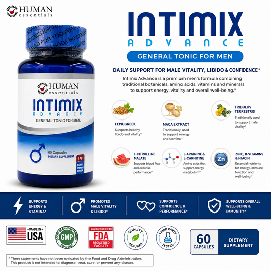 Human Essentials Intimix Advance supplement facts showing L-Arginine, L-Citrulline, Fenugreek, Maca, Zinc and B Vitamins
