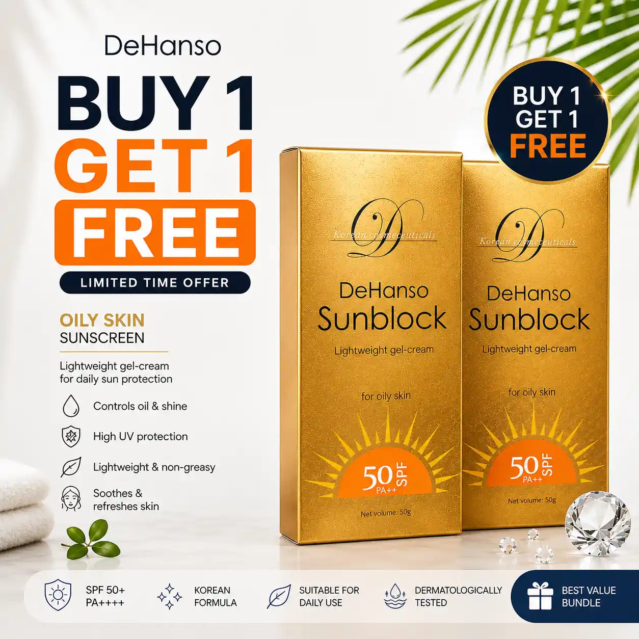 Buy 1 Get 1 FREE – DeHanso Sunblock Cream for Oily Skin SPF 50