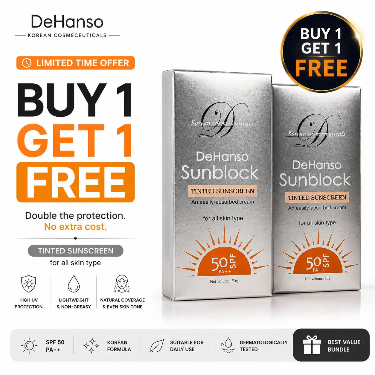 DeHanso Sunblock Tinted Sunscreen SPF 50 PA++ | Korean Tinted Sunscreen Cream | 50 g (Copy)