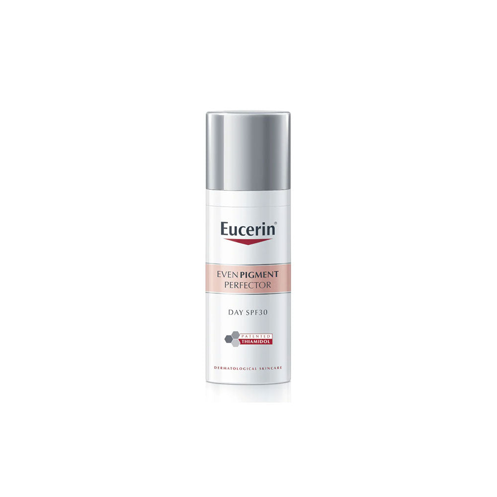 Eucerin Even Pigment Perfector Day cream packaging, a bottle with a pump dispenser, primarily white and silver in color with product information on the label.