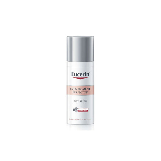 Eucerin Even Pigment Perfector Day cream packaging, a bottle with a pump dispenser, primarily white and silver in color with product information on the label.