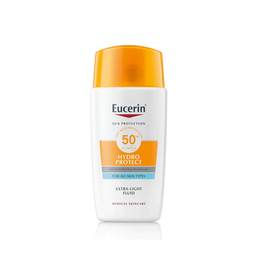 Eucerin Hydro Protect Spf50+ Ultra Light Fluid sunscreen lotion in a white bottle with orange cap, labeled for all skin types, medical grade.