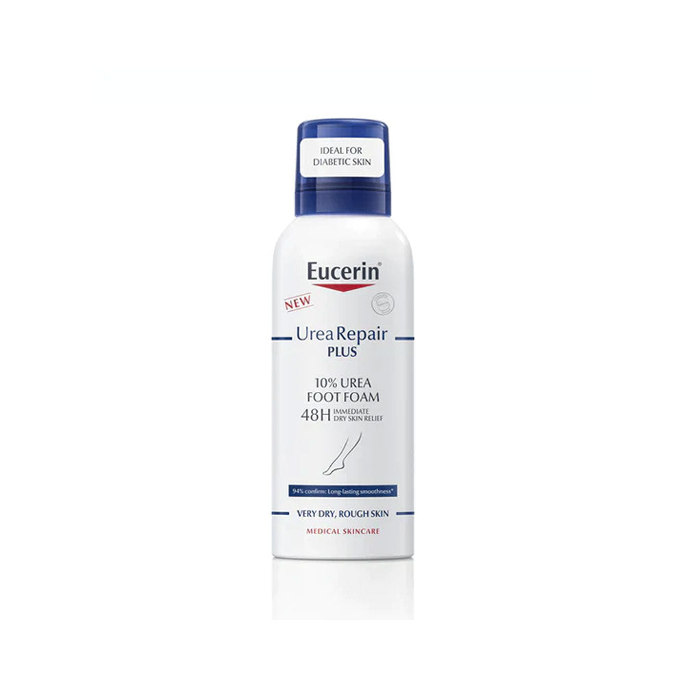 A pump bottle of Eucerin Urea Repair PLUS 10% Feet Foam, indicating it is for foot care and contains urea.