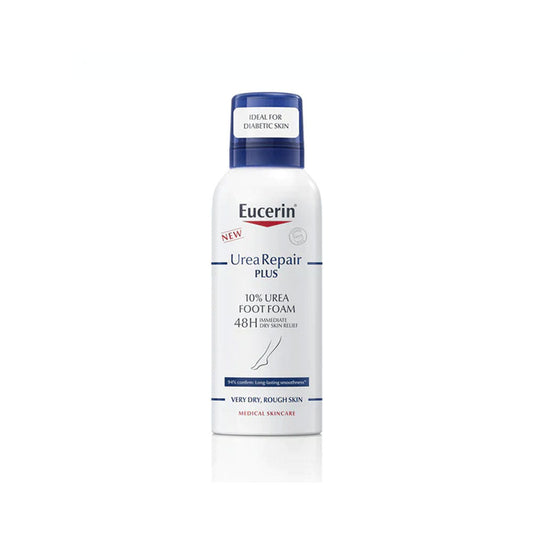 A pump bottle of Eucerin Urea Repair PLUS 10% Feet Foam, indicating it is for foot care and contains urea.
