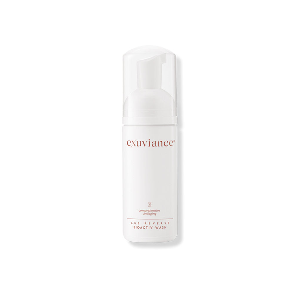 Exuviance Age Reverse Bioactiv Wash – anti-aging foaming cleanser that exfoliates, removes makeup, and smooths skin texture.