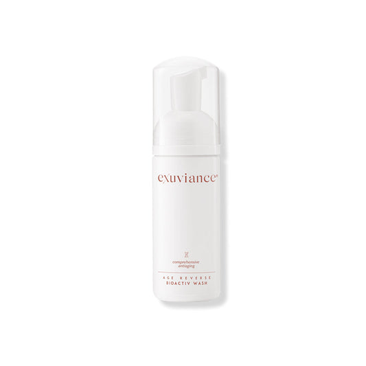 Exuviance Age Reverse Bioactiv Wash – anti-aging foaming cleanser that exfoliates, removes makeup, and smooths skin texture.