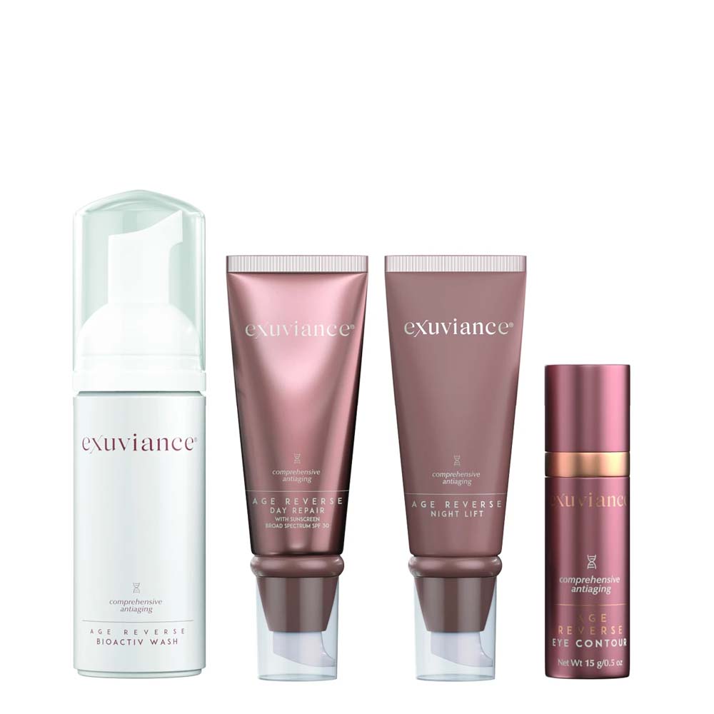 Exuviance Age Reverse Introductory Collection featuring cleanser, day cream, night cream, and eye contour cream.