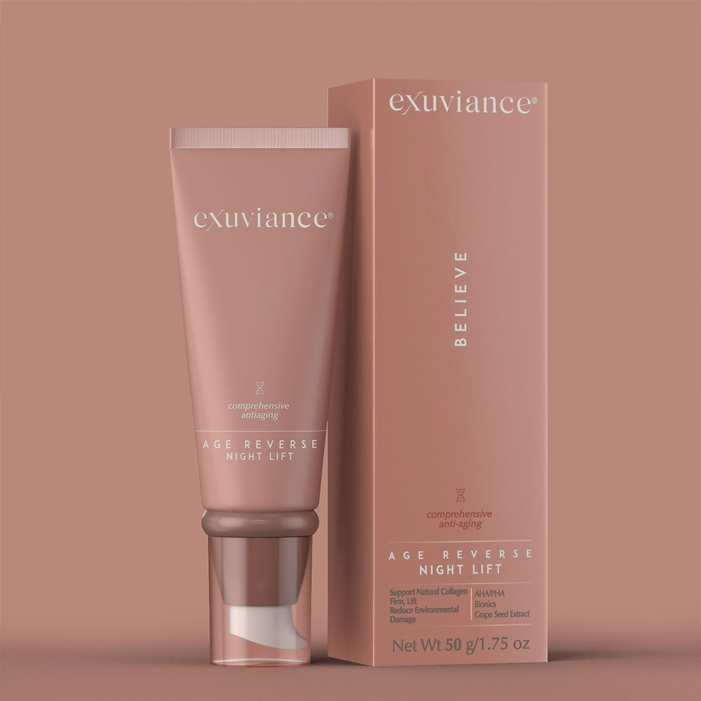 Anti-aging night cream by Exuviance, featuring peptides and antioxidants for firmer, smoother skin.