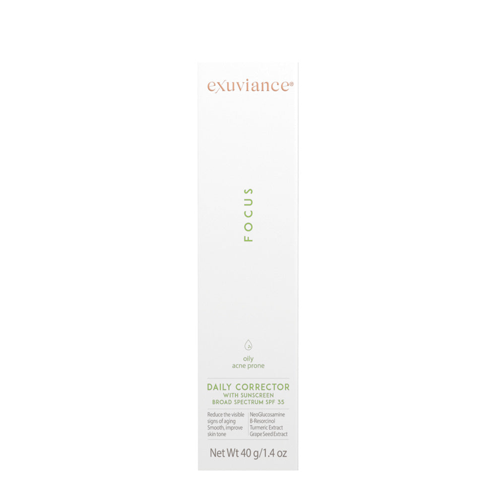 Lightweight Exuviance Daily Corrector face cream for even skin tone, exfoliation, and SPF 35 protection.
