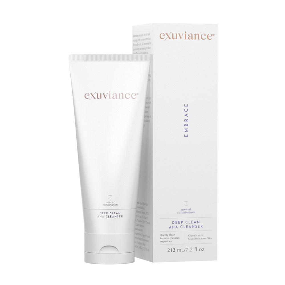 Exuviance Deep Clean AHA Cleanser gel with Glycolic Acid, cleansing and purifying pores for smoother, refreshed skin.