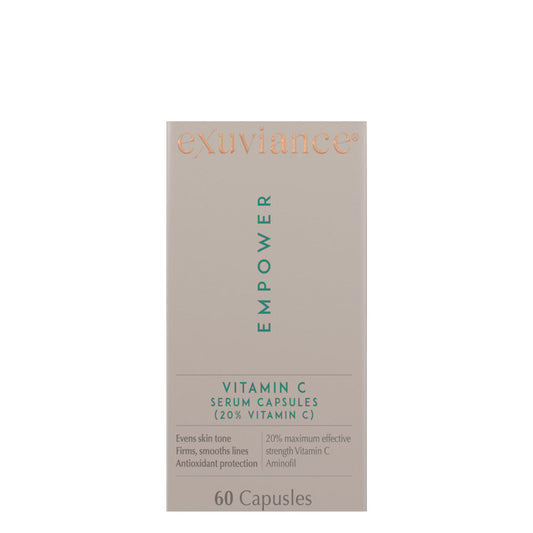Exuviance Vitamin C 20% Serum carton packaging featuring bright, youthful skin benefits.