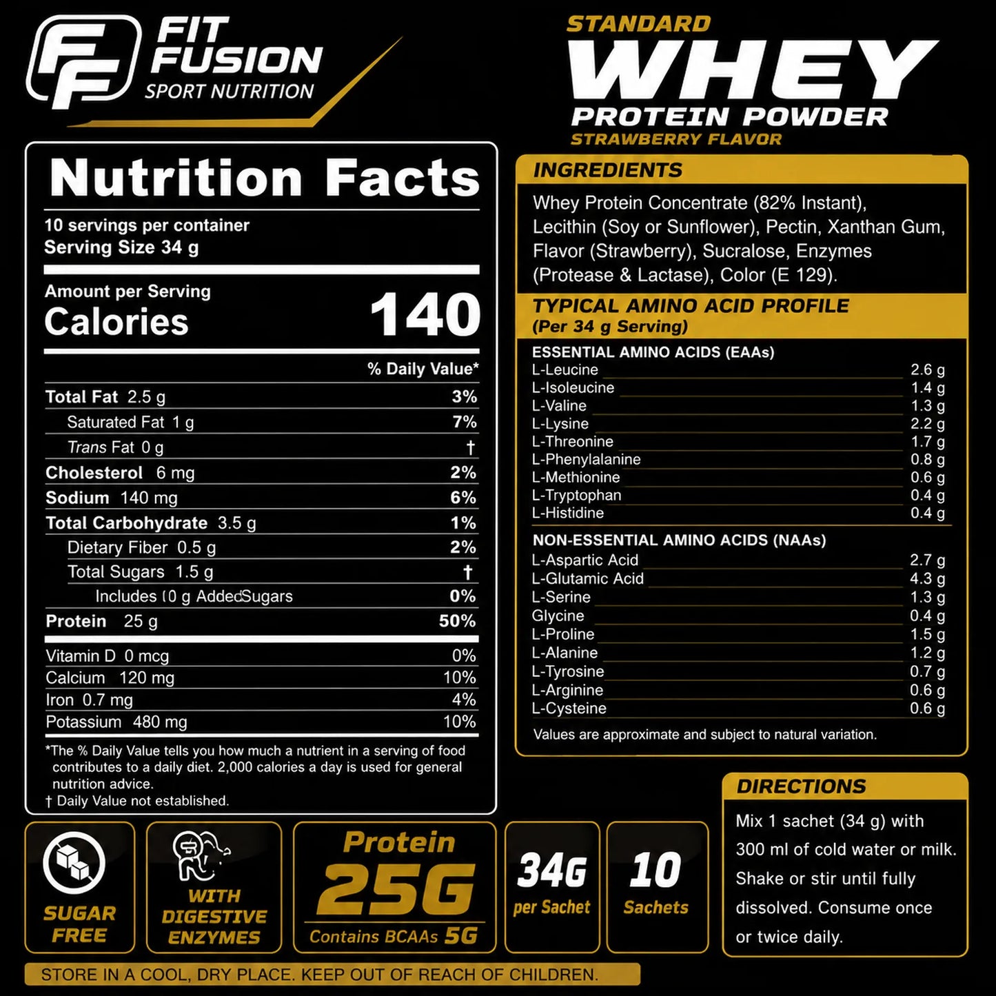 FitFusion Standard Whey Protein Powder nutrition facts, ingredients, amino acid profile, and directions label for Strawberry Flavor 10 Sachets.