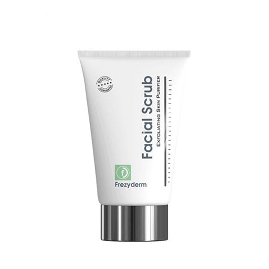 Frezyderm Facial Scrub 100ml gently exfoliates with jojoba grains, removes dead skin, and leaves skin smooth and radiant